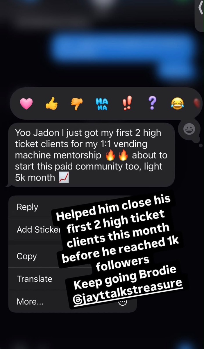 Client win — closed his first 2 high-ticket clients before 1k followers